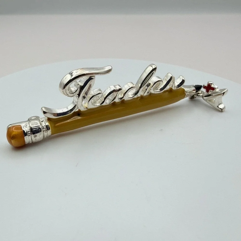 Vintage Two Tone Yellow‎ Enamel Teacher A+ Education Classic Pencil Brooch Pin